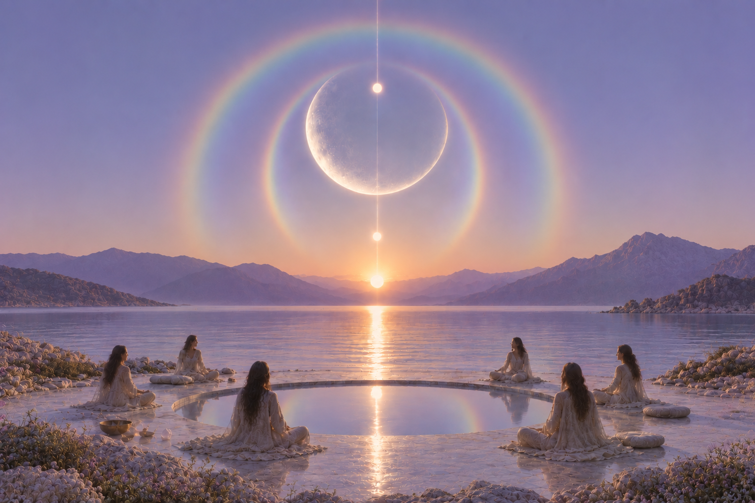 Women gathered in meditation beneath a crescent Moon by the water